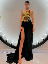 Gold Halter Top Slit Suit Party Dress